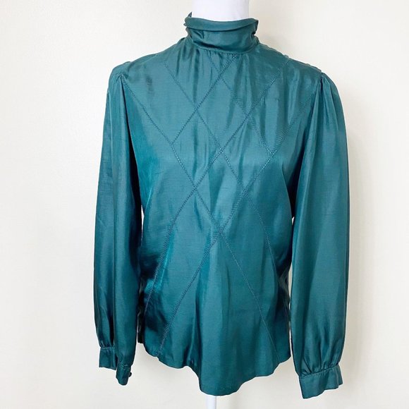 VTG 1970s Green High Neck Blouse - Picture 1 of 12